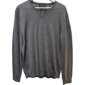 Banana Republic Merino Wool Sweater Gray Preppy Light Academia‎ Casual V Neck LG